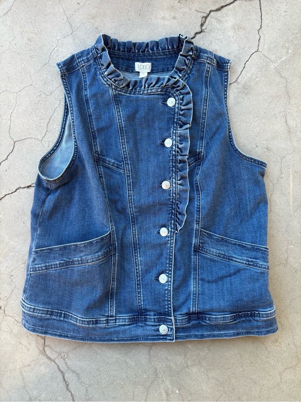 LOGO by Lori Goldstein Denim Asymmetrical Ruffle Vest Medium Wash Size M